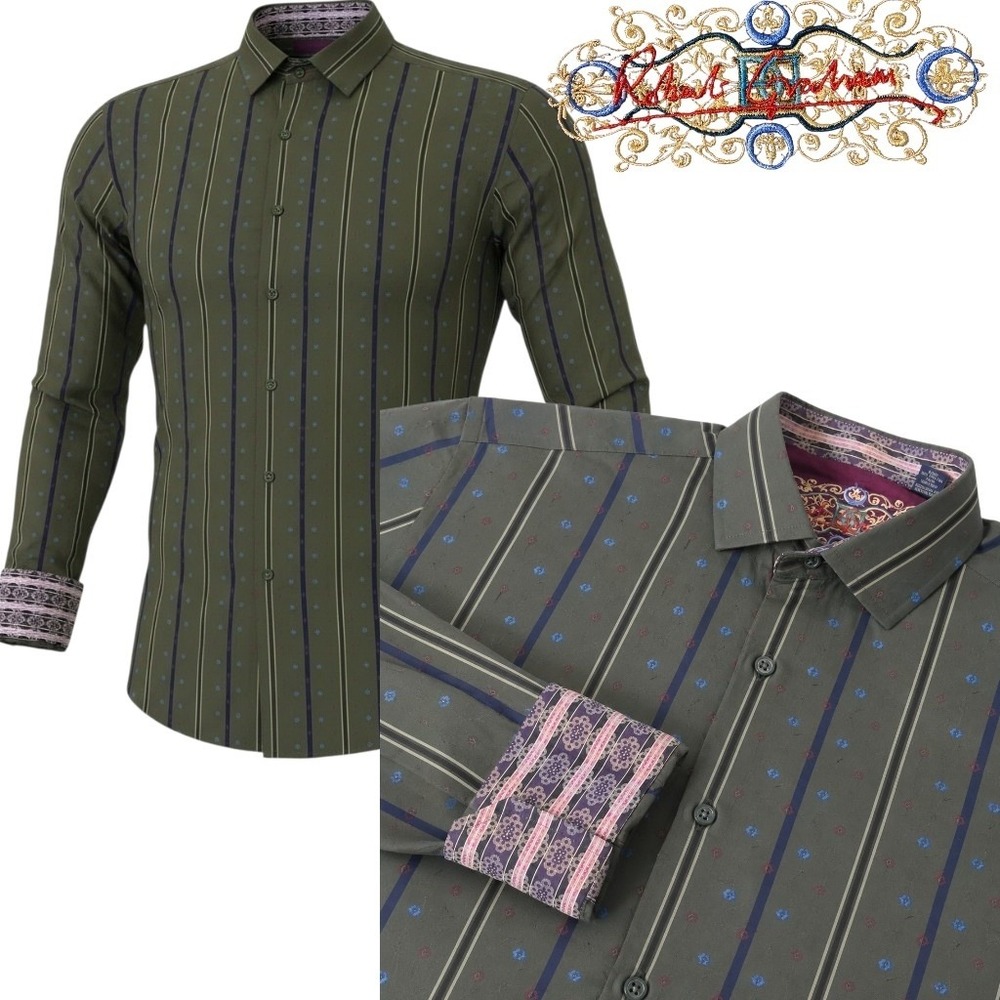 Robert Graham Button Shirt FLIP CUFF Men Large Olive Green Striped Silk Trim L